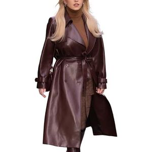 A&M Express Vrouwen Faux Lederen Lange Jas - Kastanjebruine Revers Stijl Kraag Trenchcoat, Kastanjebruin, M