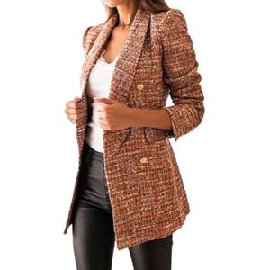 TERAZUNO Dames Reverskraag Geruite Knoop Boyfriend Blazer Werk Kantoor Blazer Dames Vintage Geruit Tweed Blazer Open Slim Fit Kantoor Cropped Jasje Blazer Geruit Dames(Brown,S)