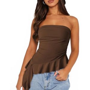 Dames Sexy Bodycon Tube-tops, Asymmetrische Ruches Zoom Strapless Tanktops Basic Tees Shirt(Color:Coffee,Size:M)