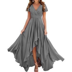 Prinses Bruidsmeisjes Jurken Flutter Mouw Galajurken Chiffon Formele Avondfeest Maxi Jurk met Split ZM209, Grijs, 32