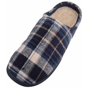 ABSOLUTE FOOTWEAR Traditionele geruite muilezelpantoffels met open rug voor heren met voering van imitatiebont, marineblauw, 43.5 EU