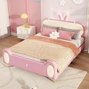 FAYICIC Gestoffeerd bed, eenpersoonsbed, kinderbed, konijnenhoofdeinde, kinderbed met houten latten, ledstrips, met massief houten en ijzeren buisframe (beige + roze, 140 x 200 cm)