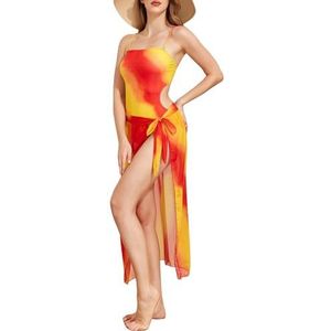 HFYRBDKSPI Dames Tie Dye Eendelig Badpak met Cover Up Set Cut-Out Buikcorrectie Badmode Strand Wikkelrok,Oranje,L