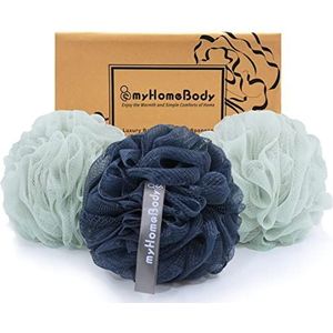 myHomeBody Luffa-spons, 70 g, lichaamsspeeling, badspons, scrubspons, douchespons met actieve kool, 2 zeeschuim groen + 1 marineblauw, 3 stuks