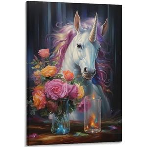 Mooie Eenhoorn Gedrukt Canvas Posters Kleurrijke Bloemen Dier Cartoon Stijl Muur Decor voor Woonkamer Slaapkamer Muur Art