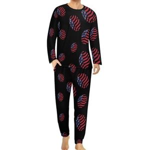 Amerikaanse vlag Baseketball comfortabele heren pyjama set ronde hals lange mouwen loungewear met zakken 5XL