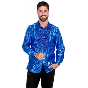 Jaren 80 & 90 Kostuum | Blauwe Ruchesblouse Satijn Foute Disco | Maat 50 | Carnavalskleding | Verkleedkleding