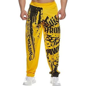 KOUZHAOA Brede broek voor heren en heren, nieuwe spieren, fitness, broer, oefening, sport, vrije tijd, sneldrogend, losse print, handel, outdoor, lange broek, wijde broek heren, Geel, XL
