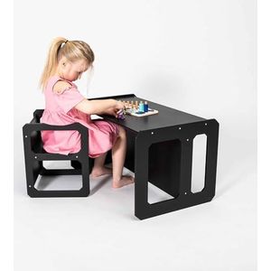 Speentafel en stoel - Set van een tafel en een stoel - Houten speeltafelset voor kinderen - Preschool Learning-tafel (Zwart)