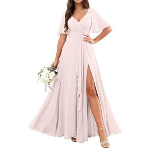 KURFACE Chiffon bruidsmeisjesjurken met mouwen split ruches lange bruidsmeisje formele avondjurk, Blush Roze, 32