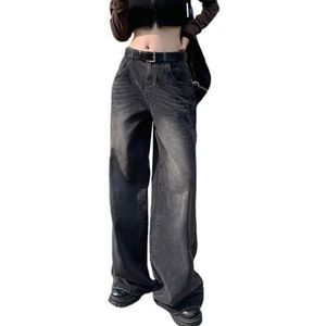HHuiXinXue Dames hoge taille baggy skateboard jeans hip hop trend streetwear denim wijde pijpen broek, Grijs, M