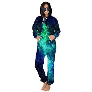 FANSU Unisex Heren Print Onesie Zip Up All in One Hooded Jumpsuit, Volwassen Stijlvolle Playsuit Hoodie Warme Pyjama Nachtkleding Plus Size Nachtkleding Casual wear, Groen, S