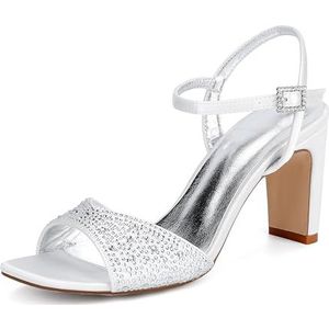 GHSIRUEU Vrouwen strass sandalen met hak Vierkante open teen blokhakken voor vrouwen Comfortabele bruiloft partij jurk schoenen,ivoor,37 EU