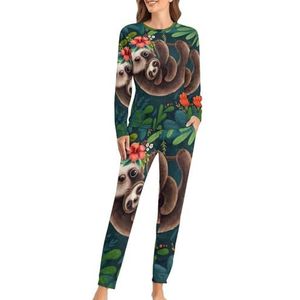 Leuke luiaards print zachte damespyjama met lange mouwen warme pasvorm pyjama loungewear sets met zakken XL