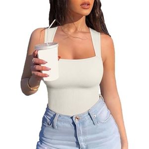 Mouwloze Tanktops Met Buikcontrole, Body's, Naadloze Body Met Hoge Taille En Vierkante Hals, Sexy Mouwloze Geribbelde Body Met Buikcontrole En Korte Mouwen(Beige,S)