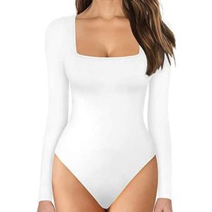 KOEMCY Body voor dames, lange mouwen, bodysuit, bovenstuk, body, sexy damesbody, smal, bodysuit, tops, onderbody, elegante body met lange mouwen voor vrouwen, lange mouwen, wit, S