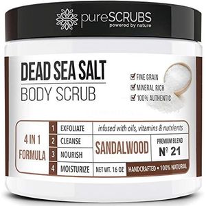 pureSCRUBS Premium Organic Body Scrub Set Grote 16oz Sandelhout Body Scrub - Dode Zee Zout doordrenkt Biologische Essentiële Oliën & Voedingsstoffen Inclusief Houten Lepel, Loofah & Mini Biologische