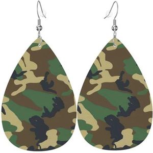 Leren oorbellen voor vrouwen, groene militaire camo bedrukte lichtgewicht traan bengelende oorbellen Drop, Eén maat, Sterling zilver, Geen edelsteen