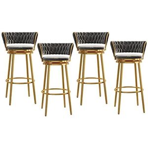 DangLeKJ Moderne draaibare barkrukken set van 4, toonhoogte barstoelen met geweven rug, fluwelen keuken eiland stoel barkrukken met gouden poten voor eetkamer bar koffiebar, grijs