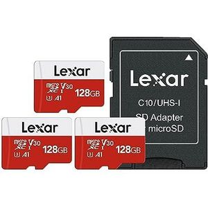 Lexar Micro SD Kaart 128GB 3-Pack E-Serie, microSDXC UHS-I Geheugenkaart met Adapter - Tot 100 MB/s, A1, U3, Class10, V30, Hoge Snelheid TF-kaart (3 microSD-kaarten + 1 Adapter)