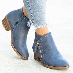 Dames Retro Enkellaarsjes Met Spitse Neus, Elegante Vierkante Chelsea Enkellaarsjes, Klassieke Suède Laarzen Met Korte Zijrits, Feestenkelschoenen for Dames (Color : Blue, Size : 37 EU)