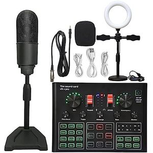 Geluidskaartkit, Professionele Studio Condensator Microfoon Bundel WXH1000 Mic Kit Met Live Geluidskaart Draadloze Karaoke(Black K20 LED)