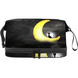 Zwarte kat zittend op maan nacht dubbellaagse make-uptas voor dames en meisjes, reistoilettas make-up handige etui organizer tas met borstelvak, Meerkleurig, 27x15x14 cm/10.6x5.9x5.5 in, Toilettas
