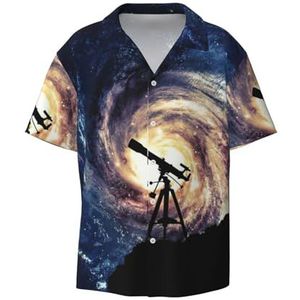 OdDdot Space Galaxy met telescoopprint voor heren, button-down-shirt, korte mouwen, casual shirt voor heren, zomer, zakelijk, casual overhemd, Zwart, XXL
