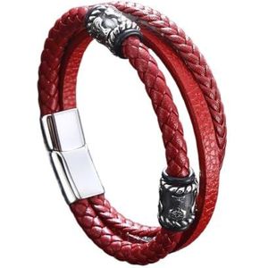 Viking Mjolnir Kralen Leren Armband Voor Heren Dames - Meerlaags Gevlochten Lederen Koord Wikkelpolsband - Noordse Roestvrijstalen Thor's Hammer Kraal Manchet Armband Sieraden (Color : Red_225MM)