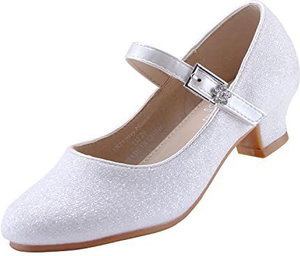 EIGHT KM Meisjes Hoge Hak Jurk Schoenen Mary Jane Prinses Bruiloft Pomp Schoenen EKM7015 Schitterende Glitter Minerva Wit Maat 28