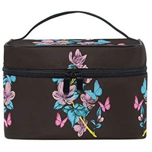 Donkerroze bloem vlinder cosmetische tas organizer rits make-up tassen zakje toilettas voor meisjes vrouwen