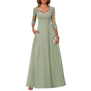 Dames chiffon moeder van de bruid jurk voor bruiloft ruches galajurken cocktailjurk plus size, Sage Groen, 32