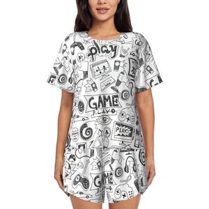 YQxwJL Videogame Jongens Print Vrouwen Pyjama Sets Shorts Korte Mouw Lounge Sets Nachtkleding Casual Pjs Met Zakken, Zwart, S