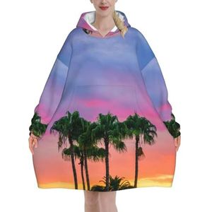 Zonsondergang Kleurrijke Wolken Palmboom Vrouwen Sherpa Sweatshirt Deken Lengte Warm Gezellige Oversized Draagbare Pocket Hoodie Volwassenen
