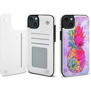 Hawaiiaans tropisch neon ananas flip telefoonhoesje compatibel voor iPhone 15 Plus schattige portemonnee hoesje telefoon beschermhoes met kaarthouder