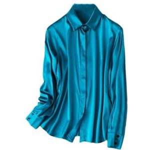 Vrouw Effen Shirts Vrouw Zijde Lange Mouwen Blouses Vrouw Lente Herfst Kantoor Shirts, blauw, M