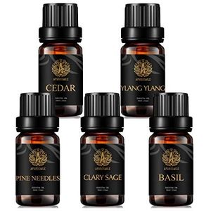 Aromatherapie Essentiële Olie Set voor Diffuser en Luchtbevochtiger - 5x10ml Therapeutische Grade Ceder, Ylang Ylang, Basilicum, Clary Salie, Pine