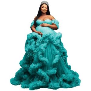 Off-shoulder geplooide moederschap tule gewaad voor fotoshoot zwangere ochtendjas pure lingerie nachthemd AH155, Turkoois, 50 grote maten