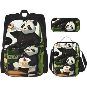 Panda's van vader en zoon rugzak & meisjes jongens rugzak met lunchtas en etui 3-delige set voor wandelen, school, uitje, Zwart, Eén maat