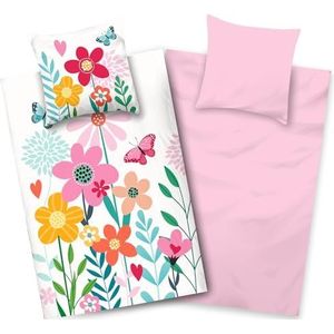 Aminata kids Beddengoed 135 x 200 cm, meisjes, bloemen, katoen, omkeerbaar, kinderbeddengoedset, met YKK-ritssluiting, kleurrijk cadeau