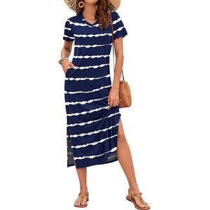 yk8fass Jurk met split V-hals fa-19621 (XXL, blauw wit), Blauw wit, XXL