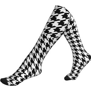 Houndstooth Zwarte Compressie Sokken Voor Vrouw & Man Unisex 20-30mmhg Knie Hoge Kuiten Voor Vliegende Running Sport, 1 zwart, Eén Maat