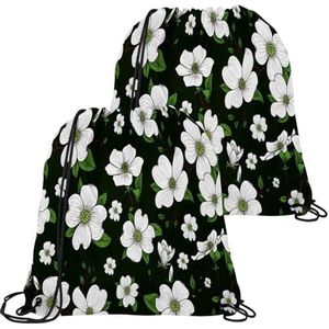 VAPOKF 2 STKS Trekkoord Tassen, PE Gym Bag, Grote String Zwem Trainer Tas Gepersonaliseerde Trekkoord Tas voor School Gym Sport Reizen, Tropische Groene Bloemen Bloem, Meerkleurig, 21.2x17.3in/54x44cm