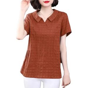 Damesmode revers effen T-shirts met korte mouwen dames zomer losse all-match shirt tops, Koffie, M