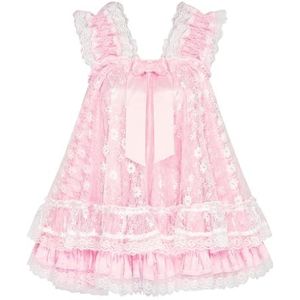 Satini Lingerie Satijn Sissy Babydoll Ruche Frilly Kant Nachtpon Negligé Cosplay Nachtkleding Jurk (Babyroze - Wit, L)