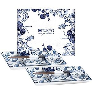TOKYO Design Studio Flora Japonica sushi set blauw-wit, 6 stuks, 2x sushi borden, 2x sauskommen, 2x eetstokjes, Aziatisch porselein, Japans design, incl. geschenkverpakking