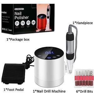 Nagelvijl elektrisch, 35000 RPM nagelboormachine, draagbare nagelboor met HD-display, professionele elektrische nagelvijlmanicuremachine met voetpedaal(White A)