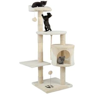 lionto krabpaal voor katten met 2 pluche ballen & speeltouw, hoogte 112 cm, kattenboom met sisaltouw & pluche, comfortabele ligplaats & hol, geschikt voor kleine & grote katten, beige/wit
