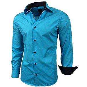 Subliminal Mode: Gemakkelijk te strijken herenoverhemd, met tweekleurige kraag, effen, lange mouwen, smalle pasvorm, zakelijk, cadeau-idee, Kerstmis, valentijnsdag, RN44, Turkoois, L