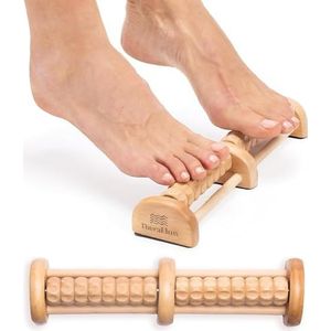 TheraFlow Voetmassageroller, hout, dubbele rijen, voetmassageapparaat voor voetreflexzonemassage, hielspoor, compact, incl. voetreflexzonekaart